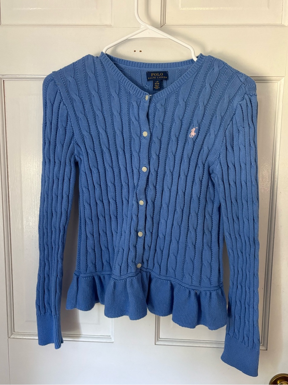 Polo Ralph Lauren Girls’ Cotton Peplum Cardigan Periwinkle Blue, Size Large (L)